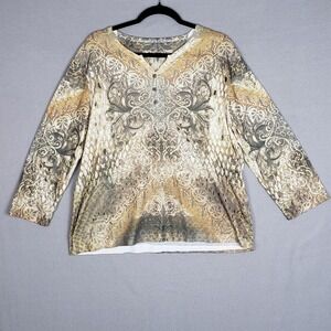 Jane Ashley 1X Lightweight 3/4 Sleeve Henley Sweater Gray Gold Kaleidoscope Art